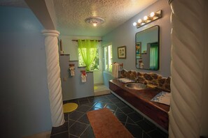 Shower, towels, soap, toilet paper