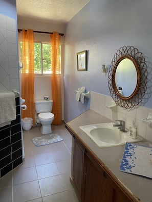 Dusche, HandtĂŒcher, Seife, Toilettenpapier