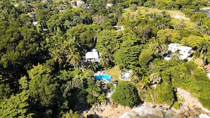 An aerial view of a tropical resort with a swimming pool surrounded by lush greenery and palm trees.