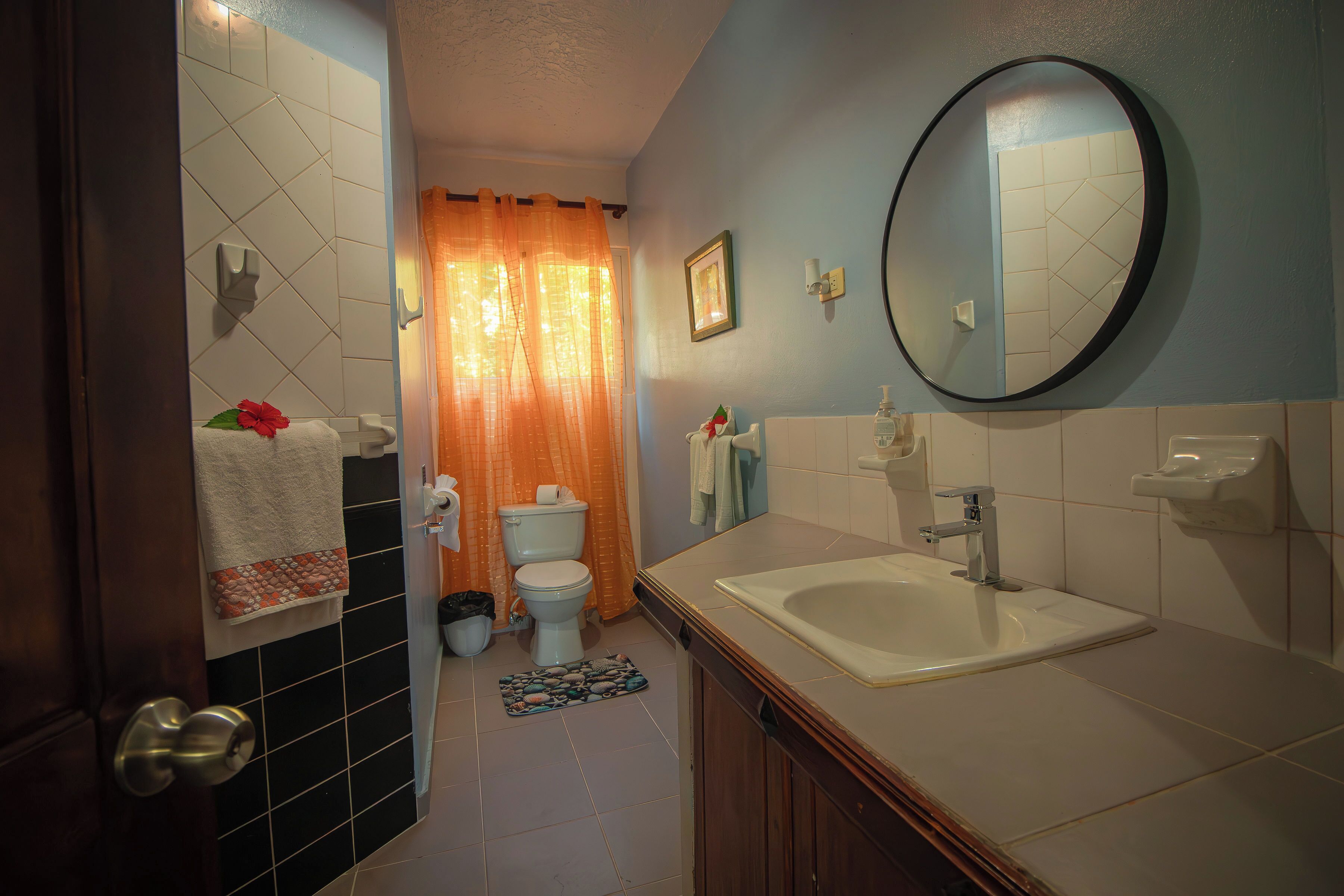 Une salle de bain équipée d’un lavabo, d’un miroir, de toilettes et d’un espace douche.