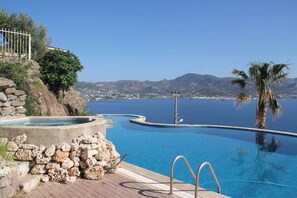 Outdoor pool, pool umbrellas, pool loungers
