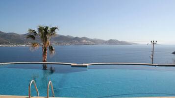 Outdoor pool, pool umbrellas, sun loungers