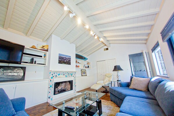 TV, fireplace, DVD player, books