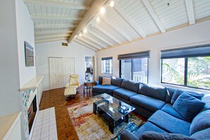 TV, fireplace, DVD player, books