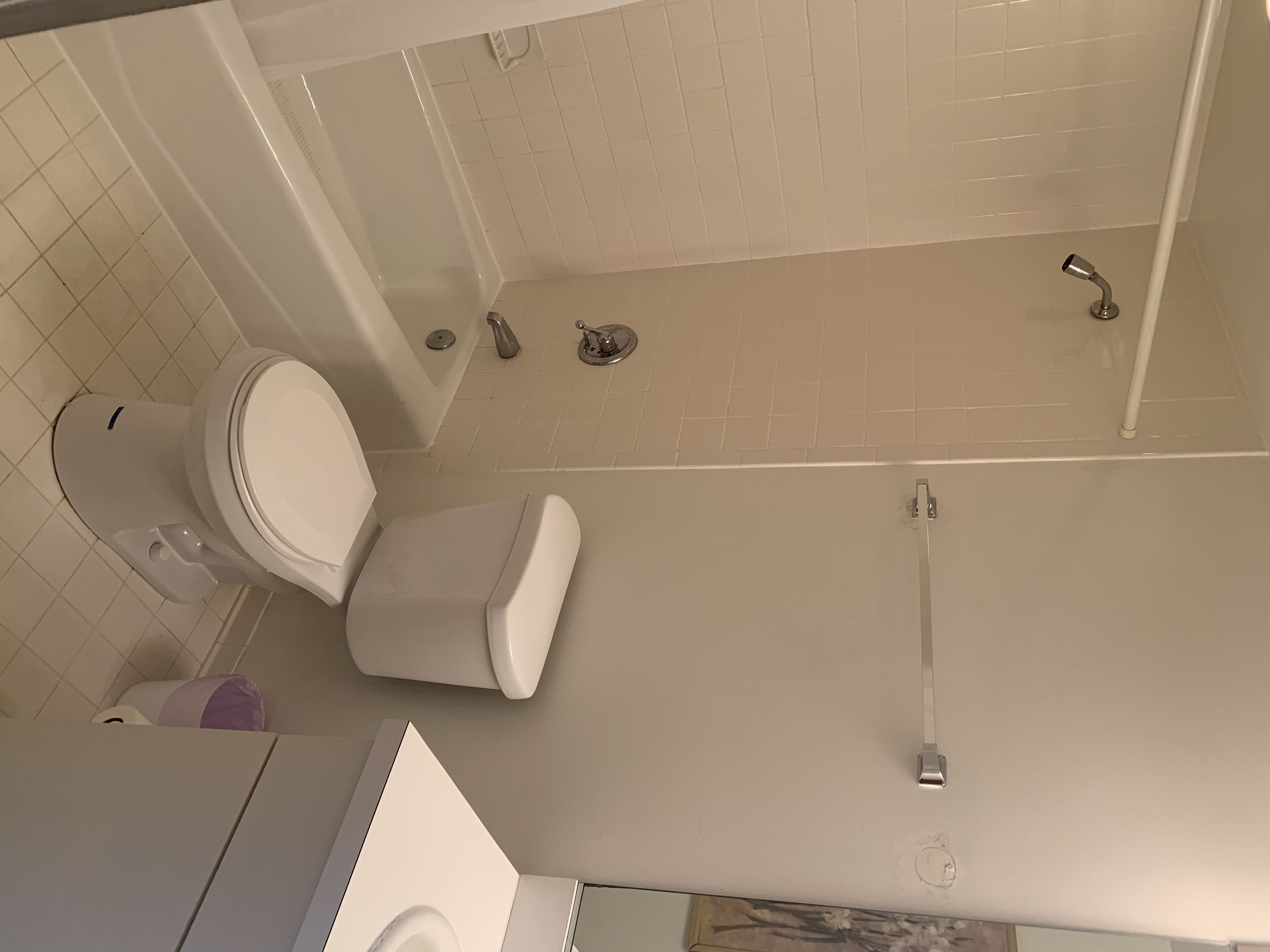 Un bagno con il water, una doccia e un lavandino.