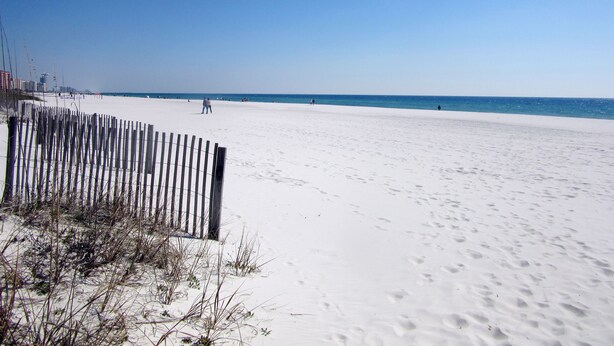 A beach with a wooden fence and sparse vegetation. - Spacious Beachside Condo (Orange Beach)