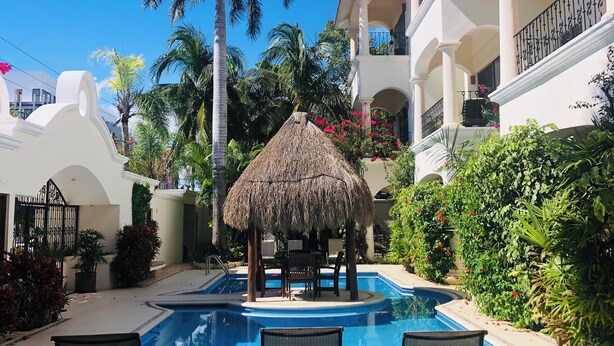 A pool area with lounge chairs, a thatched umbrella, and palm trees.