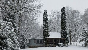 A snow-covered cabin with a porch, surrounded by tall evergreen trees. - 120Yr Old Cabin Great for couple/family, 15 min from Boone, center of 200 acres! (Boone)