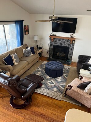 Smart TV, fireplace, DVD player, video library