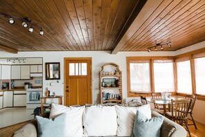TV connectée, cheminée, lecteur de DVD, livres