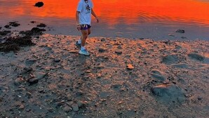 A person standing on a rocky shore with a sunset in the background. - Barn at Blue Hill Peninsula Historic farm w/Organic Meadows. Pet friendly (Brooksville)