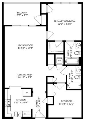 Plan d’étage d’un appartement de deux chambres doté d’un balcon, d’un salon, d’un coin repas, d’une cuisine et de deux salles de bain.