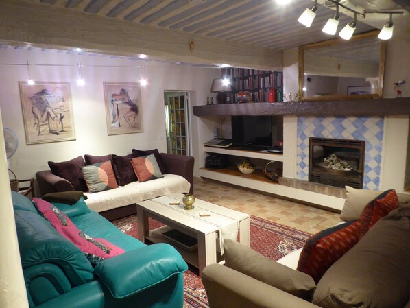 A living room with a sofa, a television, a fireplace, and a bookshelf. - Country Villa 'Mas' in the Heart of Provence, 4bed, 4bath with AC (Rognonas)