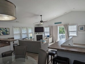 Smart TV, fireplace, video games, DVD player