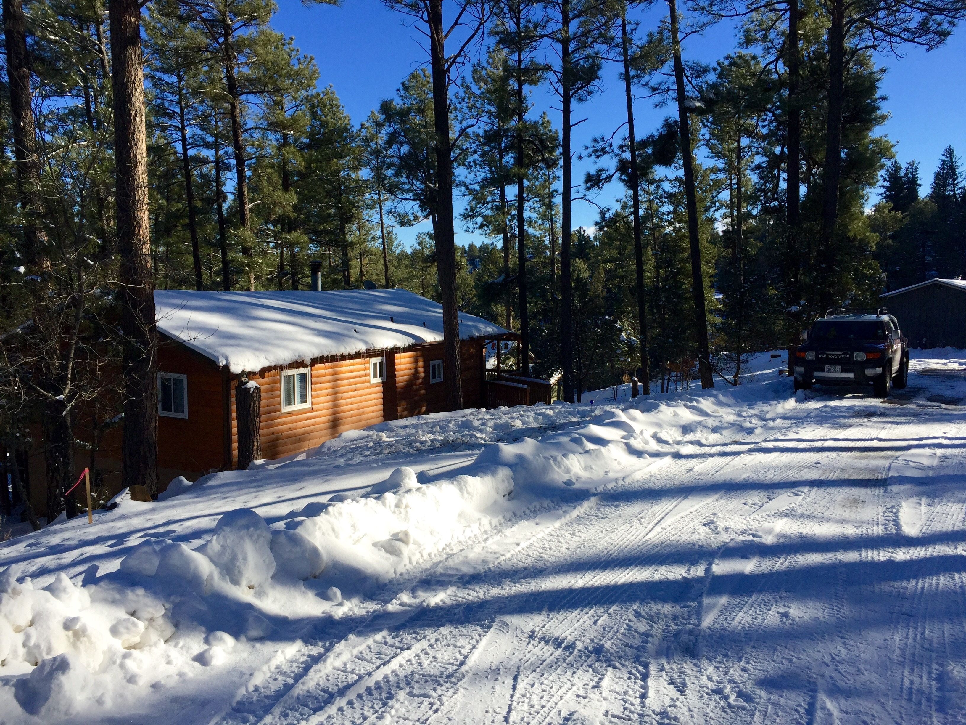 Une cabane dont le toit est recouvert de neige, entourée de grands pins et dominant un paysage enneigé.