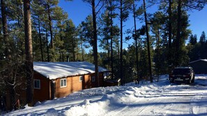 A cabin with a snow-covered roof, surrounded by tall pine trees and a snowy landscape. - Wood Cabin, Full Amenities, Family Friendly and wifi access (Ruidoso)