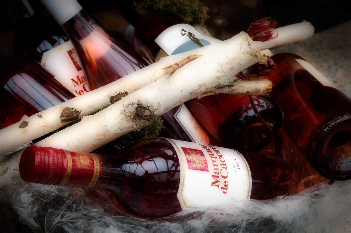 Varias botellas de vino y ramas en un recipiente.