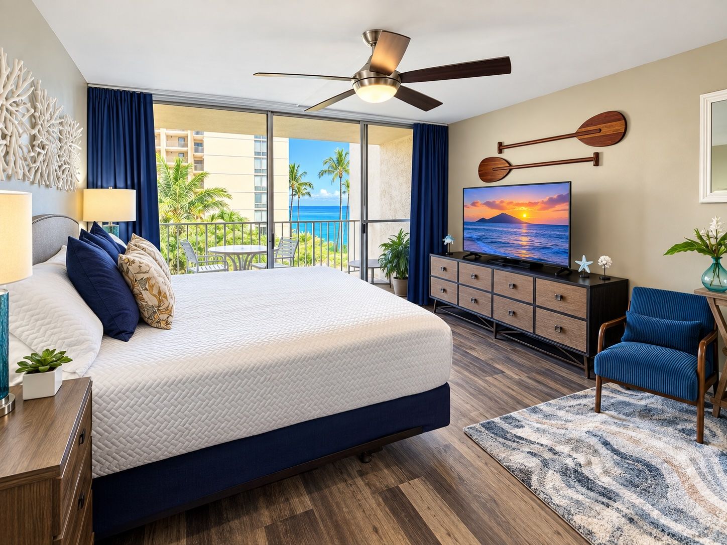 Une chambre d’hôtel comprenant un lit, une télévision, un ventilateur de plafond, un balcon avec vue sur l’océan et un bureau avec une chaise.