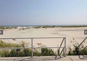 On the beach, sun-loungers