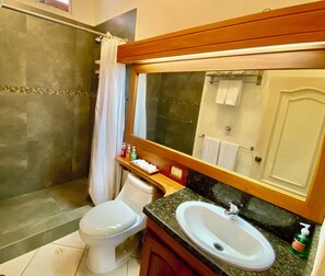 Shower, hair dryer, towels