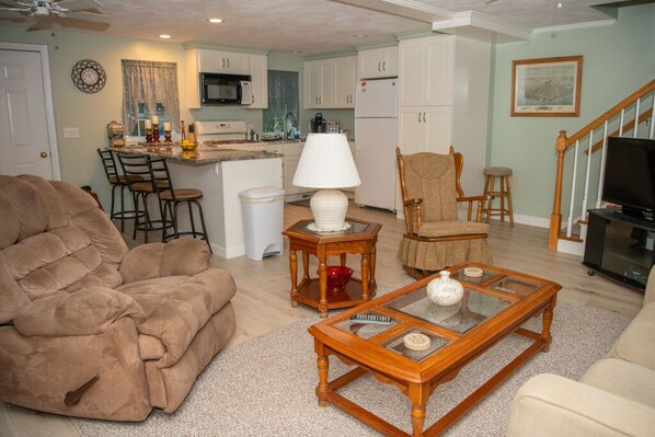 Smart TV, chimenea, reproductor de DVD y libros 