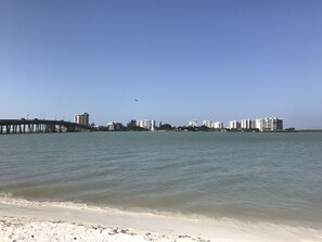 On the beach, sun loungers, beach towels