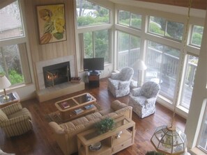 Smart TV, fireplace, DVD player, books