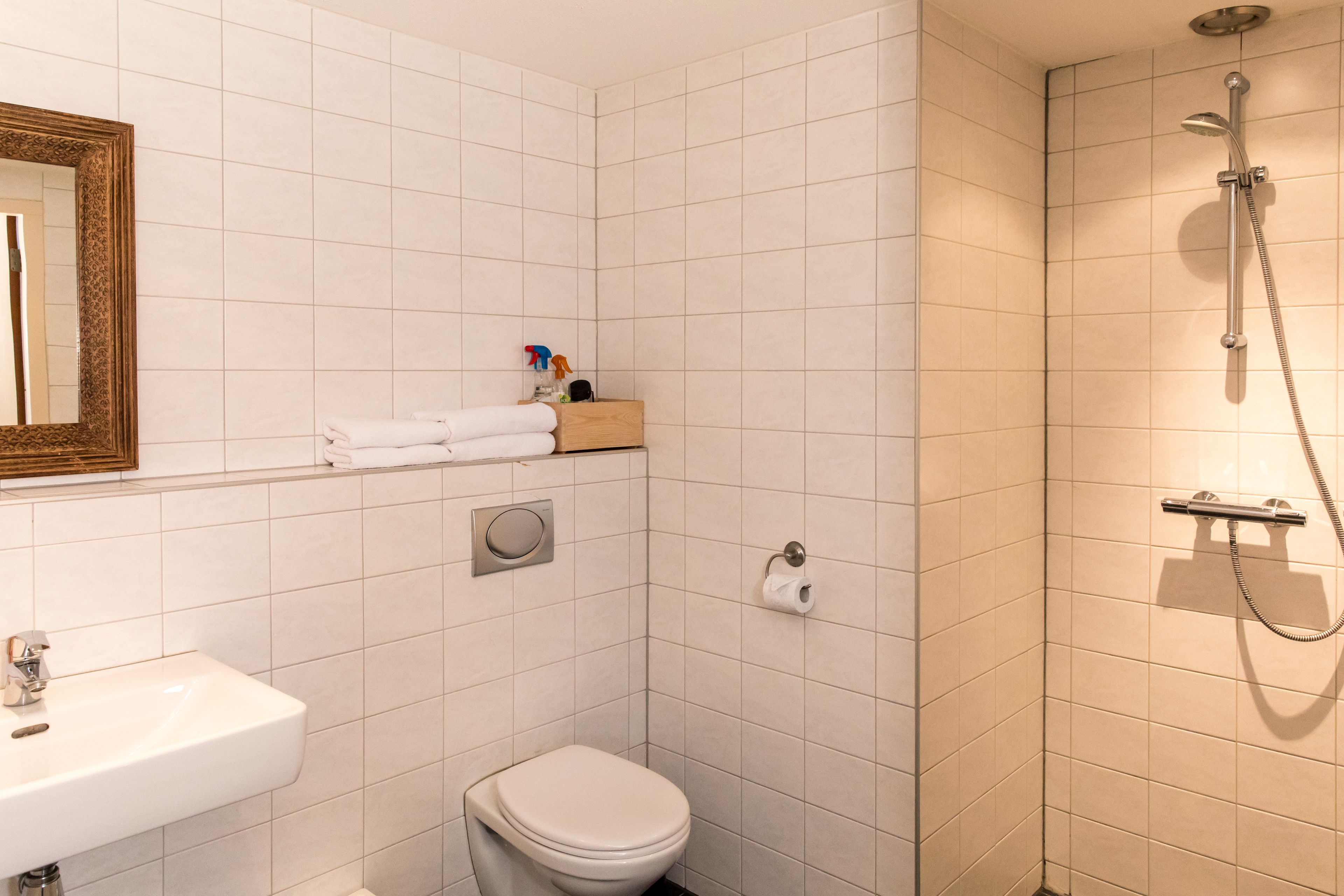 Un baño con lavamanos, inodoro y ducha blancos. Se aprecia un espejo con un marco decorativo, un perchero y un estante pequeño con artículos de tocador.