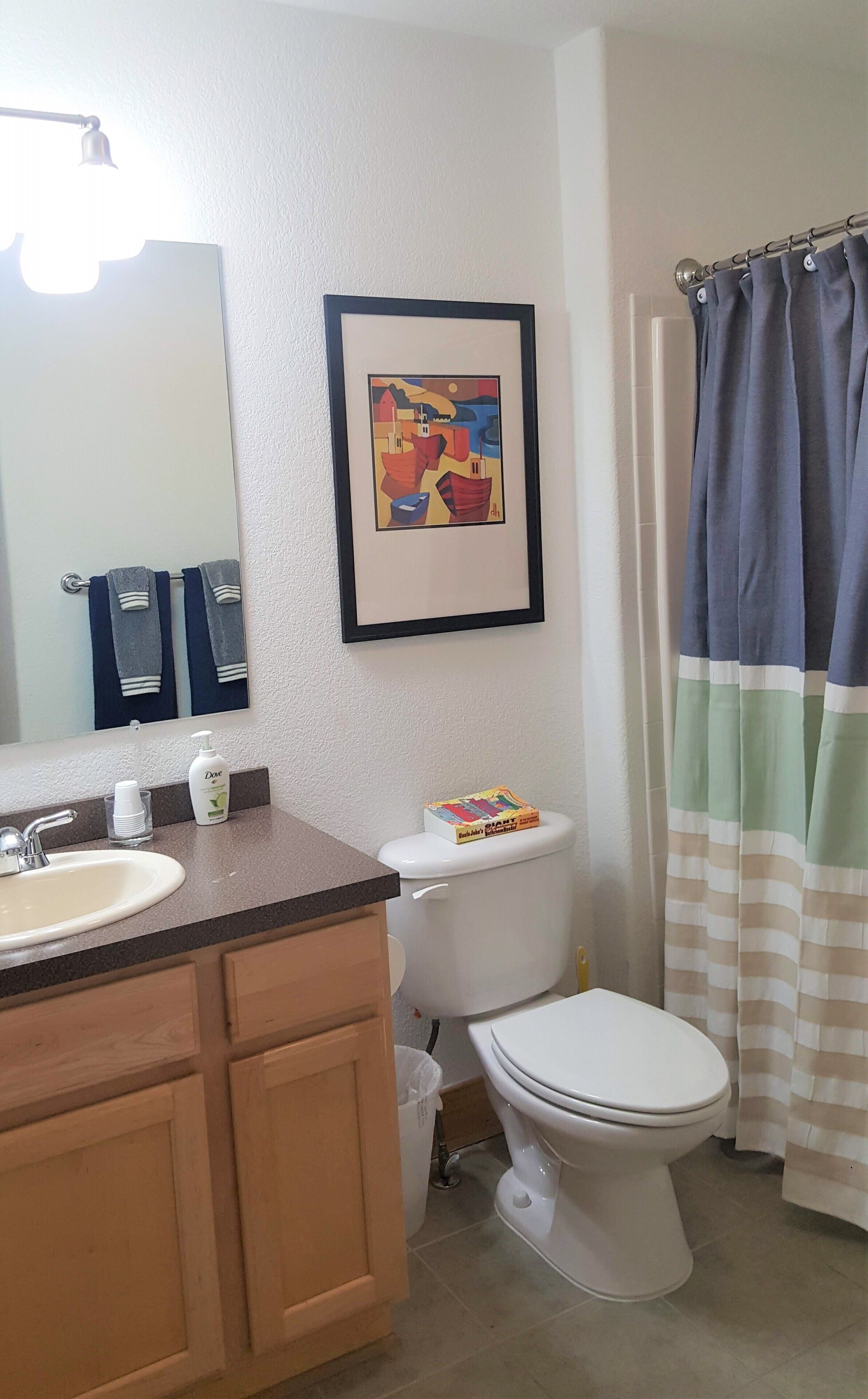 A bathroom with a white sink, a framed painting, a toilet, and a striped shower curtain.