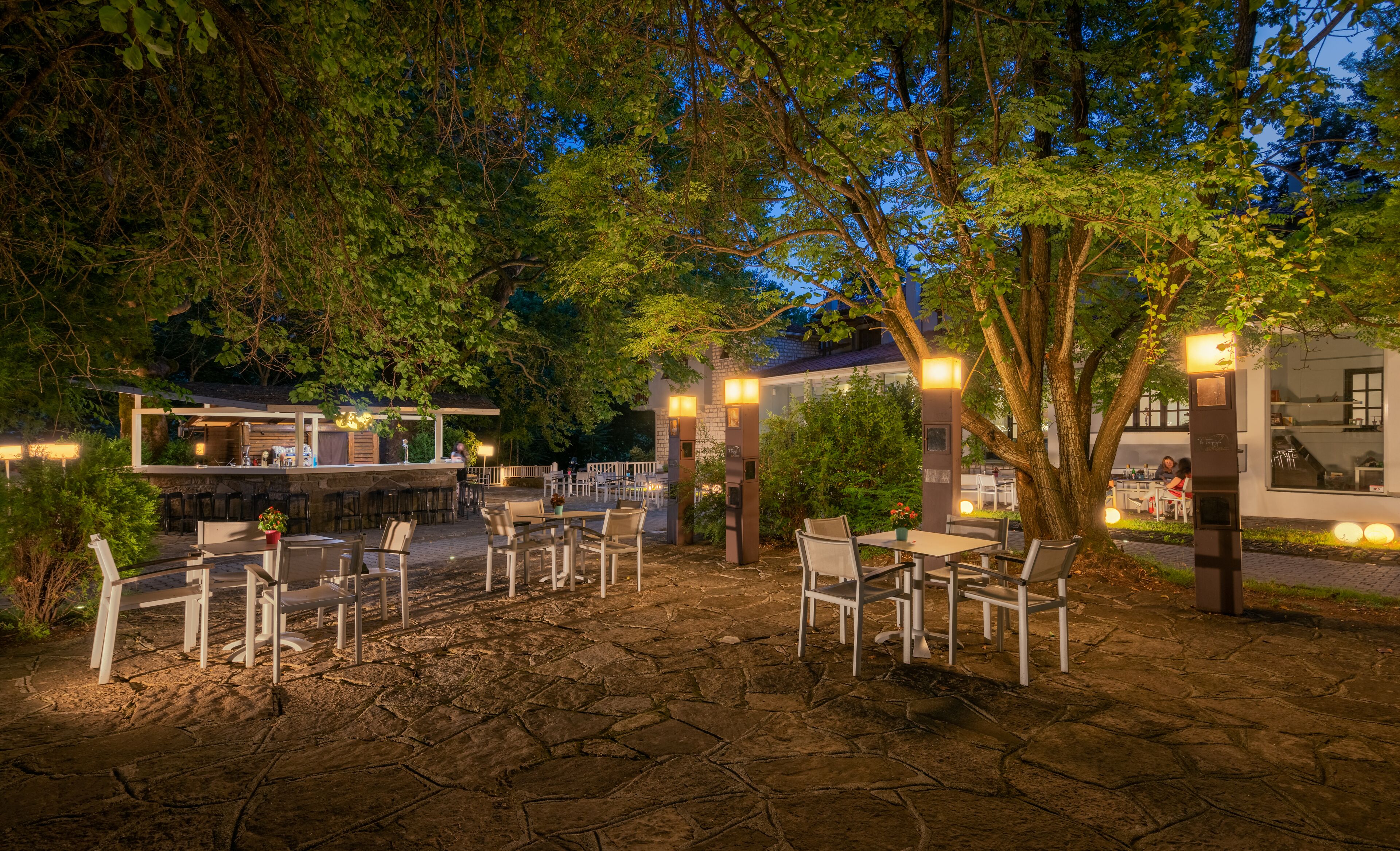 Un patio al aire libre con suelo de piedra, mesas y sillas, rodeado de árboles y una zona de bar.