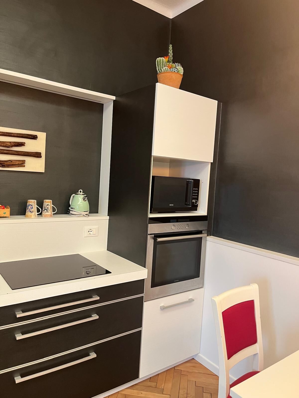 Une cuisine compacte équipée d’un four à micro-ondes, d’un four traditionnel et d’une petite plante en pot accrochée au mur.