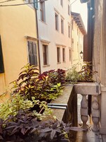Un estrecho callejón flanqueado por edificios, con balcones adornados con macetas.