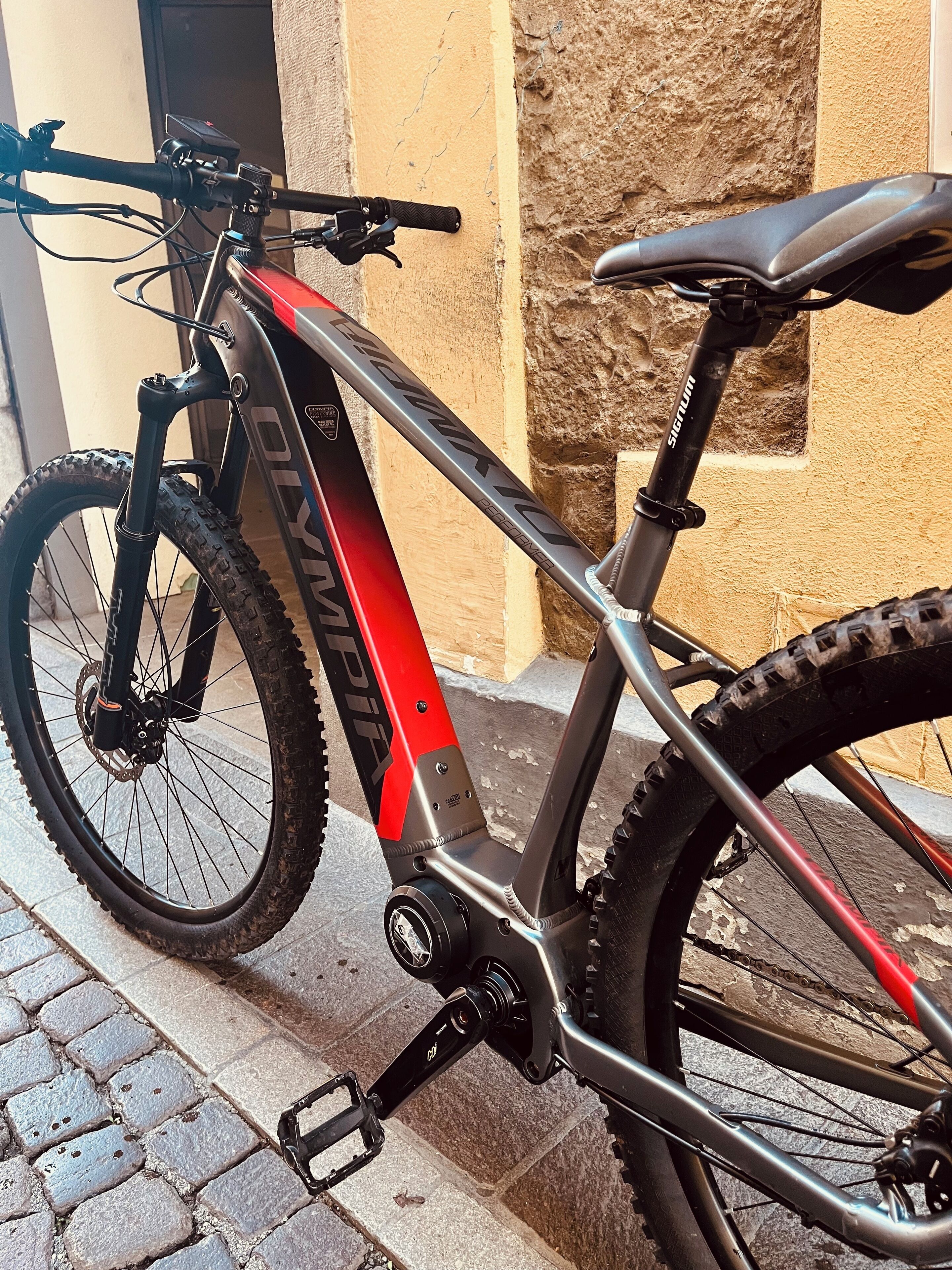 Ein Mountainbike mit rotem und schwarzem Rahmen, einer Federgabel und einer Rückschaltung.