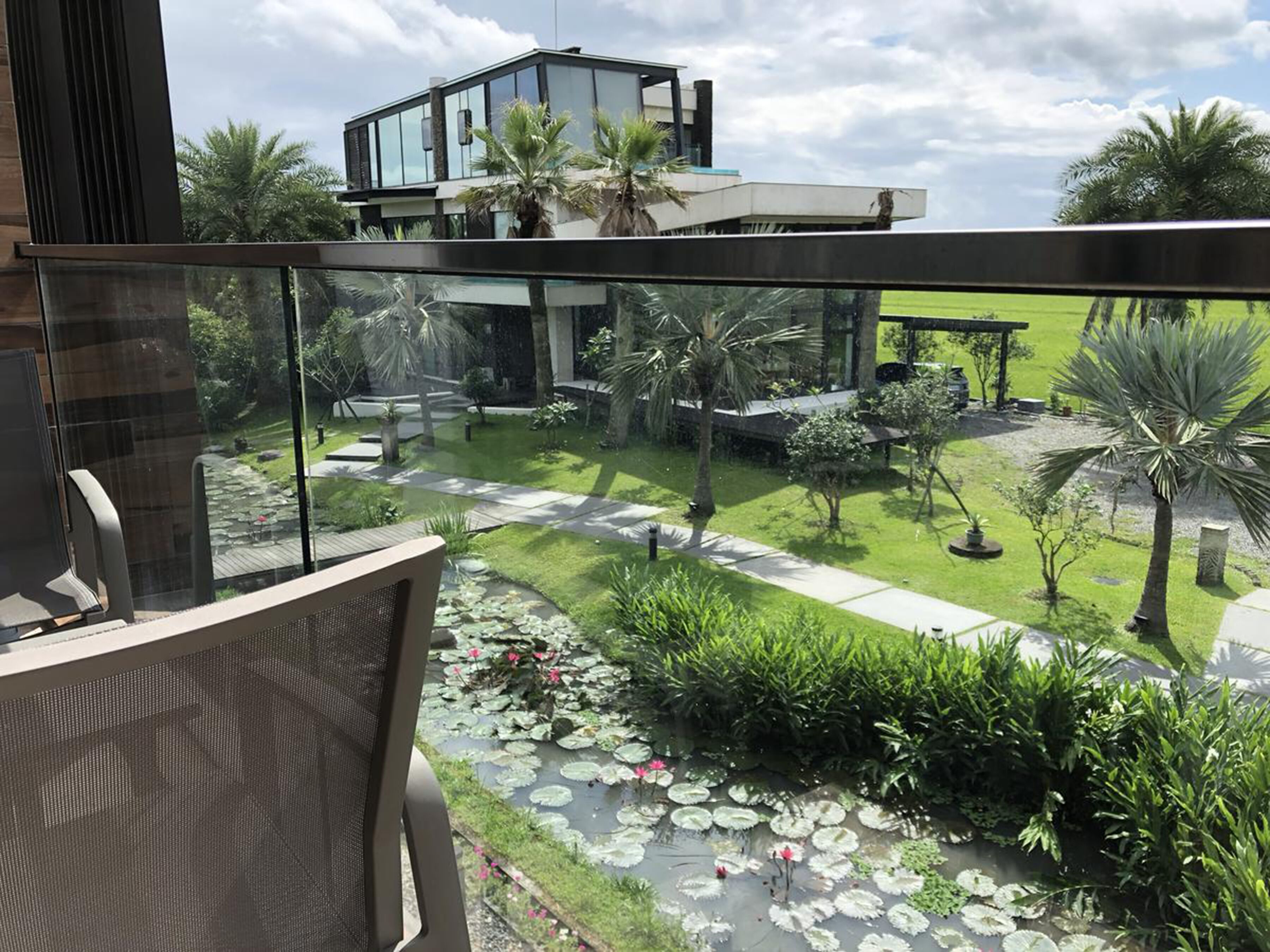 A modern house with a glass balcony overlooking a garden with water lilies and palm trees.