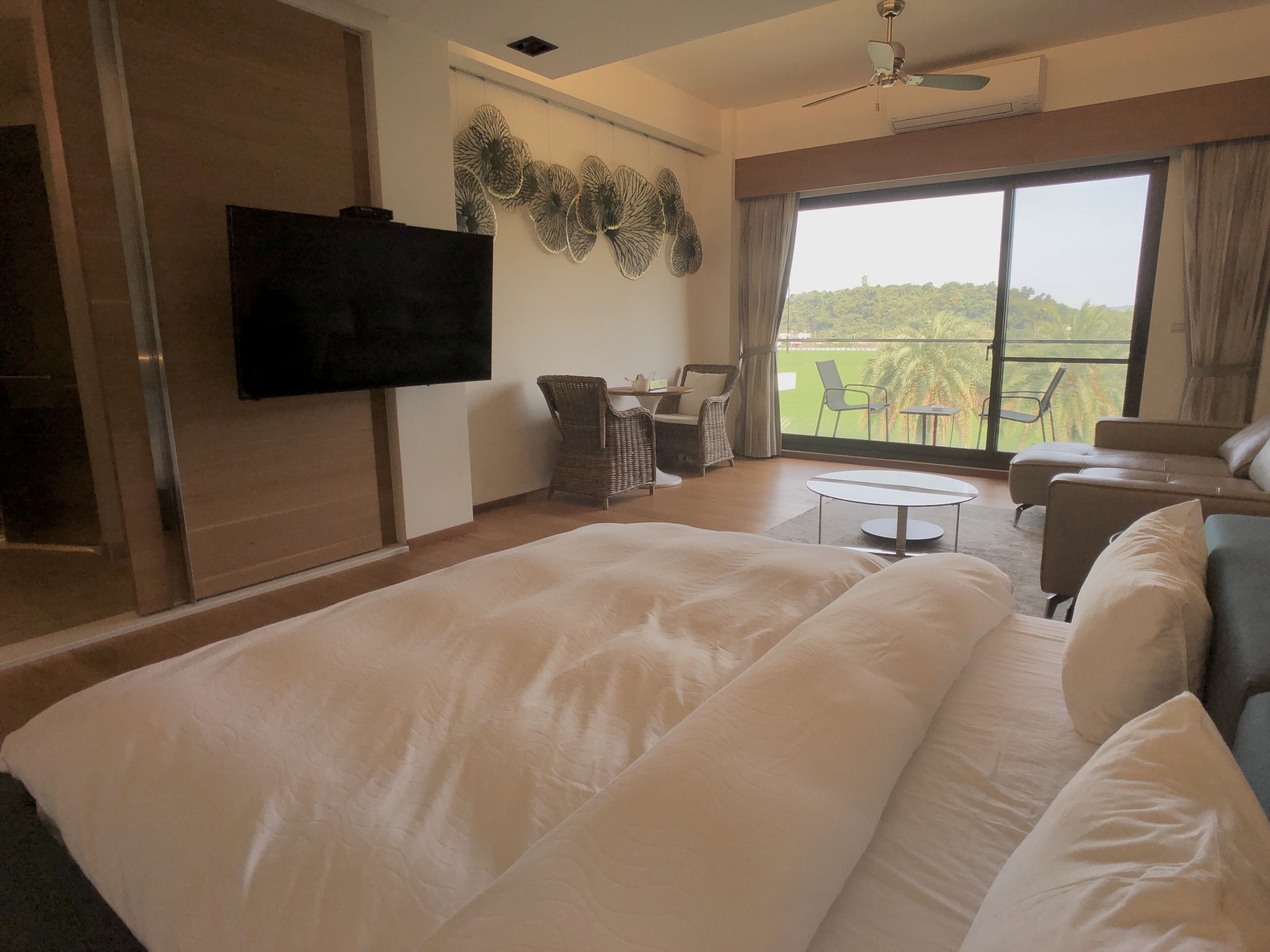 A hotel room with a large bed, a flat-screen TV mounted on the wall, a balcony with a view of greenery, and a ceiling fan.