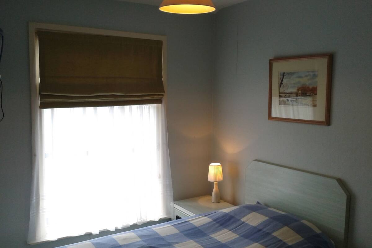 A bedroom with a bed, a bedside lamp, a window with curtains, and a framed picture on the wall.
