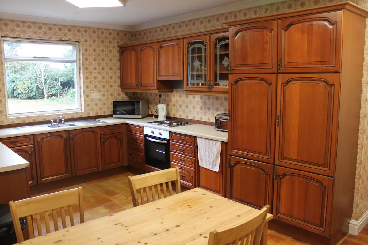 Full-size fridge, oven, stovetop, electric kettle