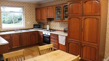 Full-size fridge, oven, stovetop, electric kettle