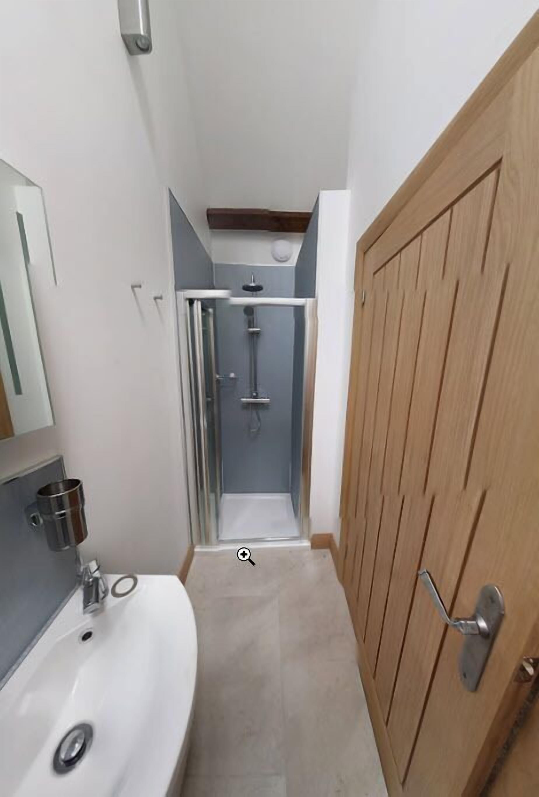 A narrow bathroom with a white sink, a glass shower enclosure, and a wooden door.
