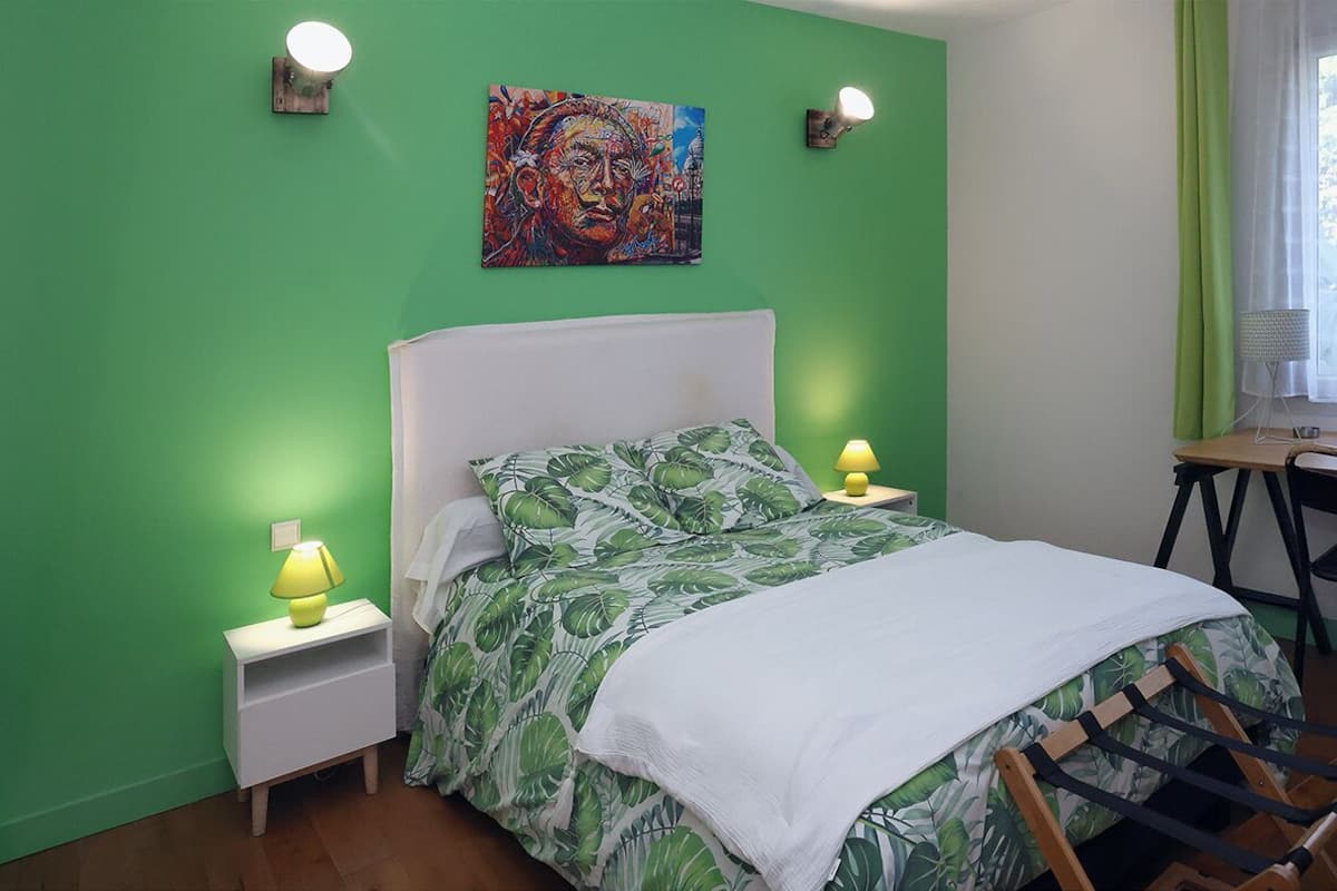 Double Room (Olive) | Premium bedding, down comforters, desk, laptop workspace