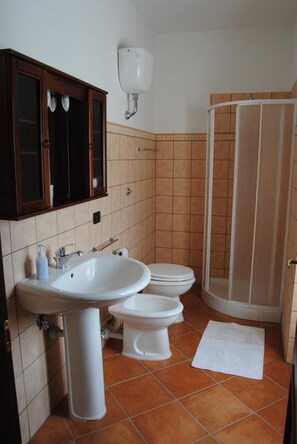 A bathroom with a sink, two toilets, a shower, and a cabinet with mirrors. - B&B Casale San Felice (Cusano Mutri)