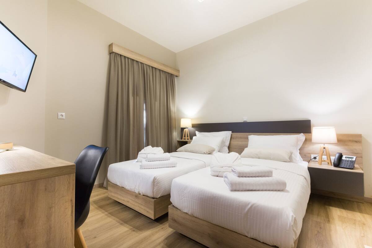 A hotel room with two beds, a desk, a chair, a TV, and a bedside table with a lamp and phone.
