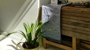 Una habitació amb una banca de fusta, una planta en test, un mapa emmarcat a la paret i una taula petita amb un ram i documents.