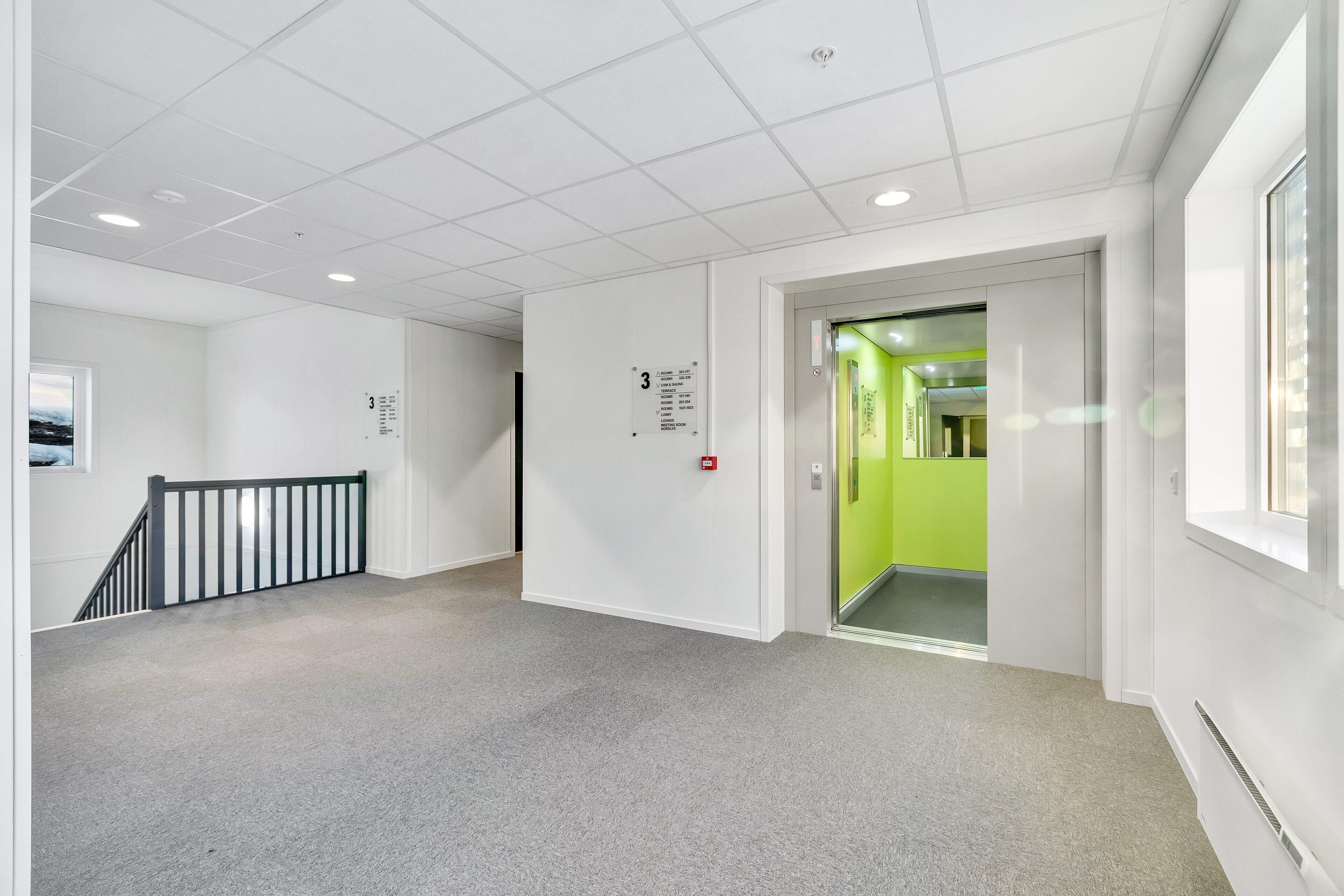 A hallway with a grey carpet, white walls, a black railing, and a green elevator.