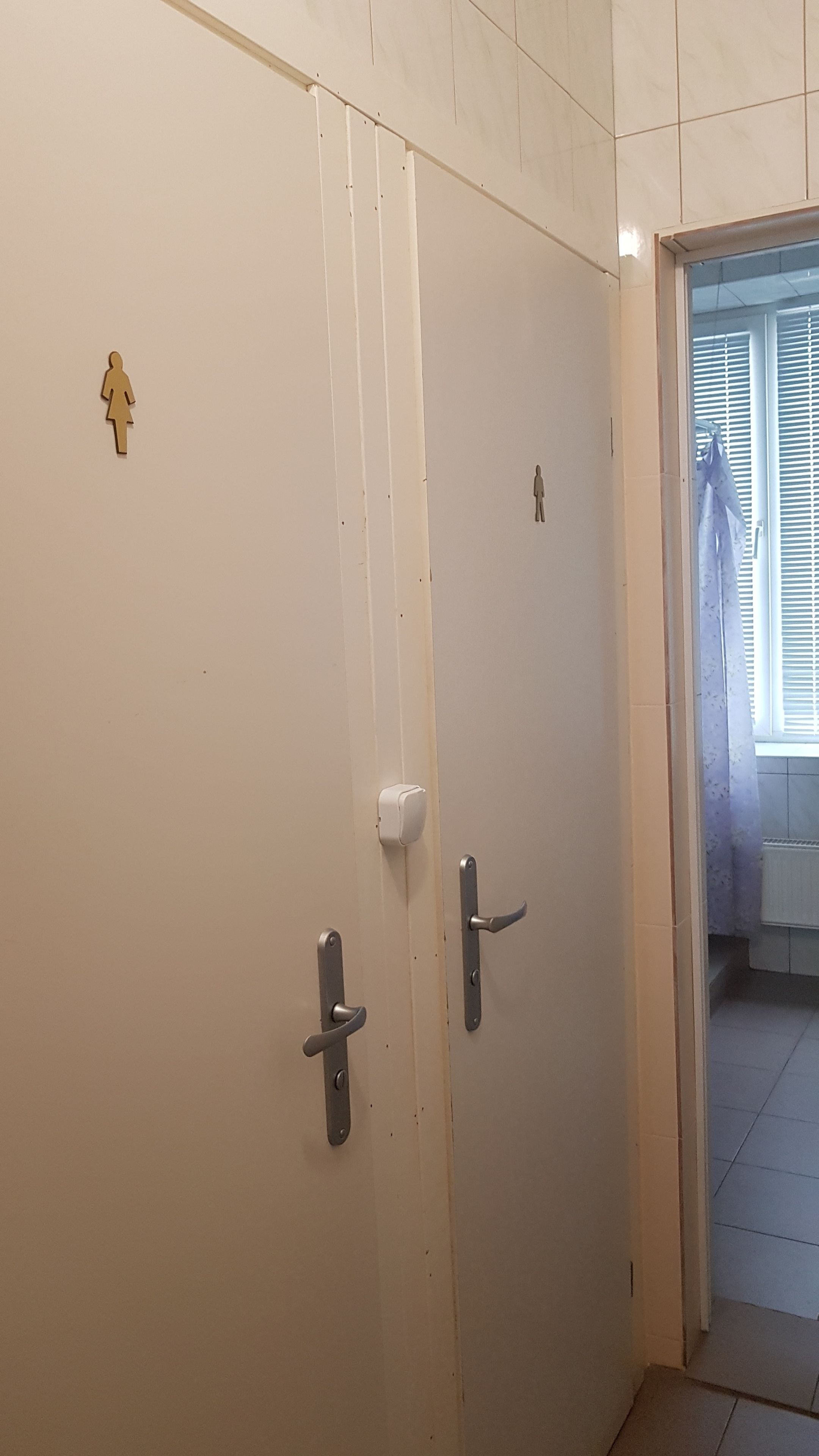 A white door with two silver handles and a small figure indicating a women's restroom.