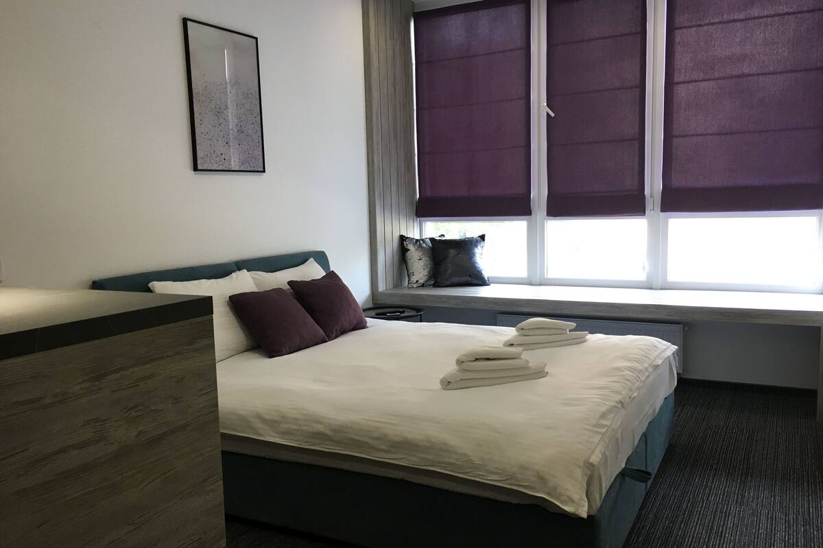 Exclusive Double Room | Premium bedding, Select Comfort beds, desk, blackout drapes