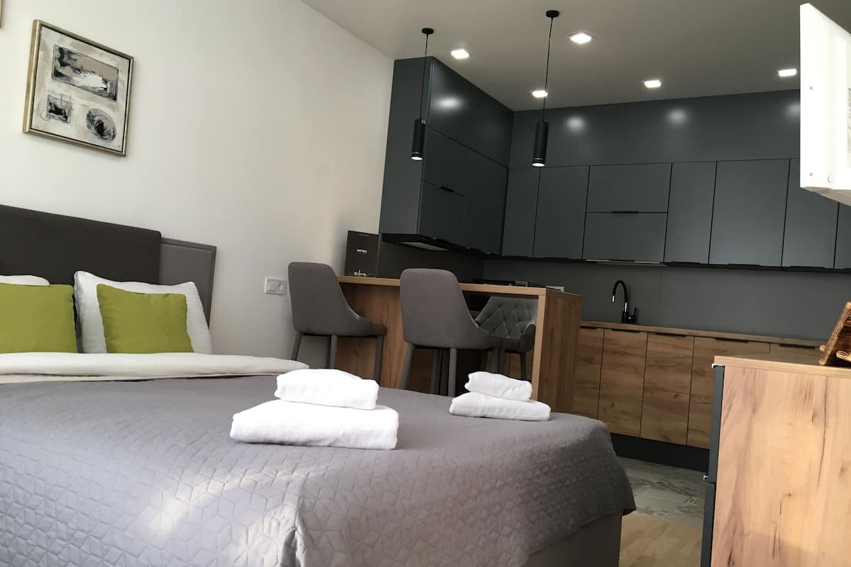 Standard Studio, 1 Bedroom | Premium bedding, Select Comfort beds, desk, blackout drapes