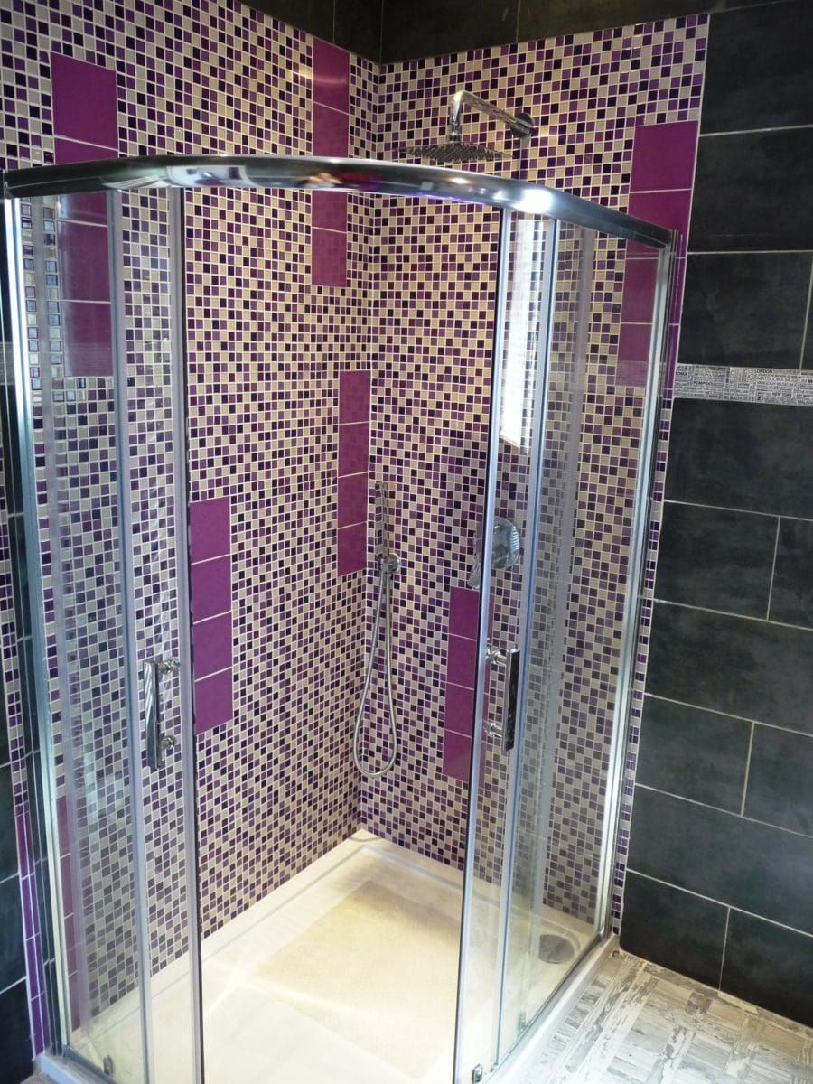 A glass-enclosed shower with mosaic tile walls and a dark floor.