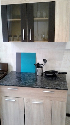 Standard Apartment, 2 Bedrooms | Shared kitchen | Fridge, stovetop, electric kettle, cookware/dishes/utensils