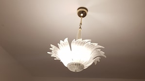 A room with a floral-patterned sofa, a ceiling light fixture, and a curtain rod with a curtain. - Venetian Style (Venice)
